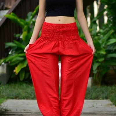 Bohotusk Pantalones harén para mujer, color rojo claro, lisos, elásticos, con cintura fruncida, talla pequeña/mediana (talla 8 - 12)