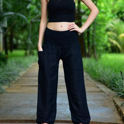 Bohotusk - Pantalones bombachos para mujer, color negro, lisos, elásticos, con cintura fruncida, talla pequeña/mediana (talla 8 - 12)