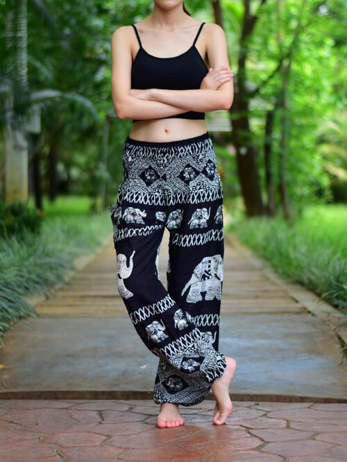 Bohotusk Black Elephant Bull Print Elasticated Smocked Waist Womens Harem Pants , Small / Medium (Size 8 - 12)