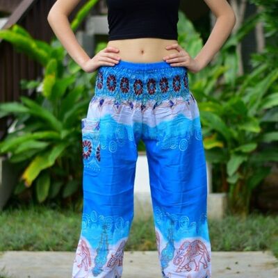 Bohotusk Blue Elephant Boro Print Elástico Smocked Cintura Mujer Harem Pantalones, Pequeño / Mediano (Talla 8 - 12)