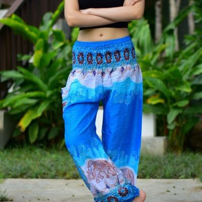 Bohotusk Blue Elephant Boro Print Elástico Smocked Cintura Mujer Harem Pantalones, Grande / X-Large (Talla 14 - 18)