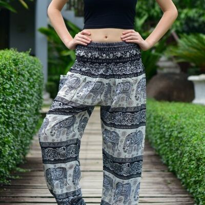Bohotusk Black Elephant Herd Print Elástico fruncido en la cintura Mujer Harem Pantalones, Grande / X-Large (Talla 14 - 16)
