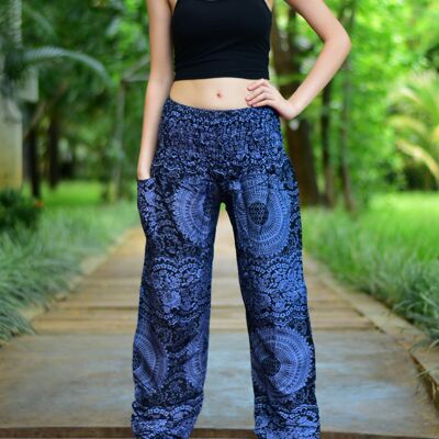 Bohotusk Black Night Glow Print Elasticated Smocked Waist Womens Harem Pants , Small / Medium (Size 8 - 12)