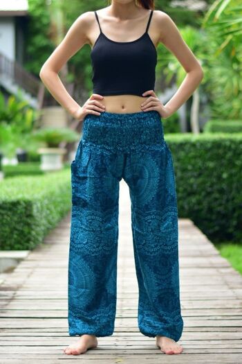 Bohotusk Blue Night Glow Print Pantalon sarouel pour femme à taille smockée élastiquée, 2XL / 3XL (Taille 18 - 22) 2