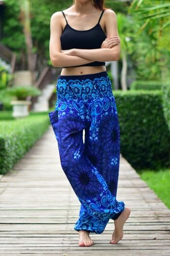 Bohotusk Blue Ink Splash Print Pantalon sarouel pour femme à taille smockée élastiquée, Small / Medium 2