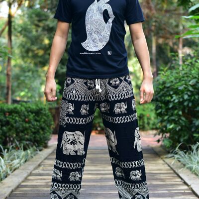 Bohotusk - Pantalones de harén con estampado de toro y elefante negro para hombre, cordón en la cintura, mediano/grande (hombres)