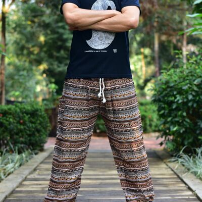 Bohotusk Pantalones de harén con estampado de rayas marrones para hombre Cintura con cordón, mediano / grande (hombres)