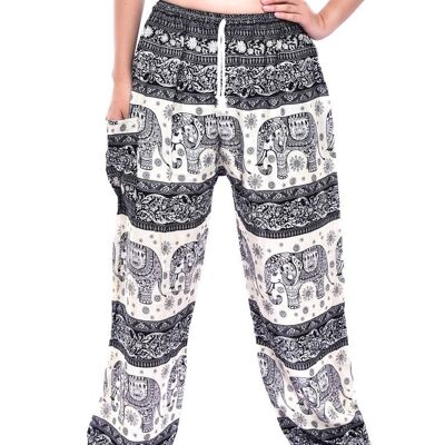 Bohotusk Black Elephant Herd Print Womens Harem Pants Cord Tie Waist, Large / X-Large (Talla 14 - 16)