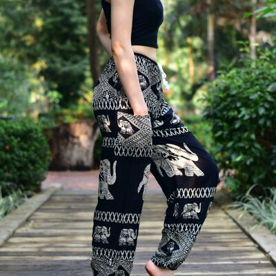 Bohotusk Black Elephant Bull Print Mujer Harem Pantalones Cintura anudada, Pequeño / Mediano (Talla 8 - 12)