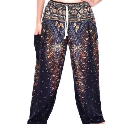 Bohotusk Black & Gold Peacock Print Womens Harem Pants Cord Tie Waist, Small / Medium (Talla 8 - 12)