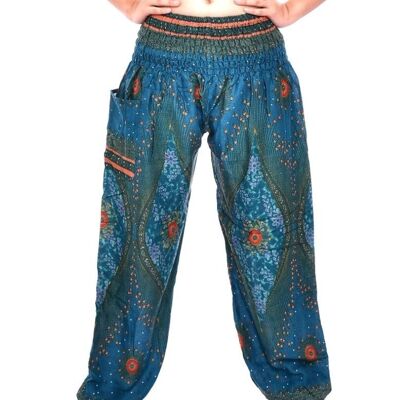 Bohotusk Teal Moonshine Print Elasticated Smocked Waist Womens Harem Trousers Alternative Maternity Trouser , One Size (20 - 42 inch Wait)