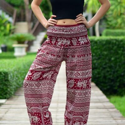 Bohotusk Red Elephant Calf Print Elasticated Womens Harem Trousers , Small / Medium (Size 8 - 12)