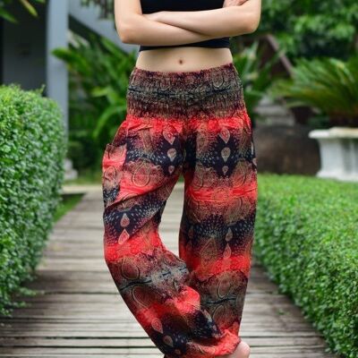 Pantalones harén de mujer con cintura fruncida elástica con estampado de lágrima roja Bohotusk, pequeño/mediano (talla 8 - 12)