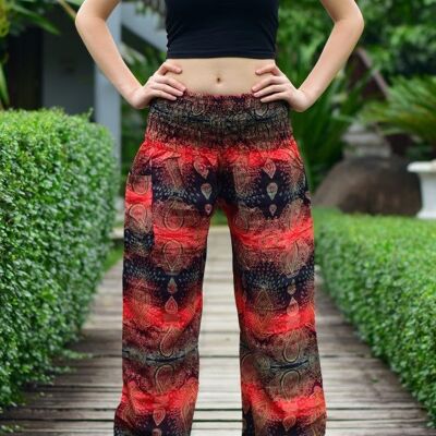 Bohotusk Red Teardrop Print Elasticated Smocked Waist Womens Harem Pants , Large / X-Large (Size 14 - 18)