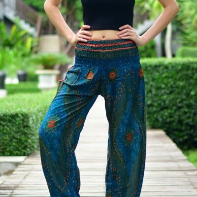 Bohotusk Teal Moonshine Print Pantalon sarouel pour femme à taille smockée élastiquée, Small / Medium (Taille 8 - 12)