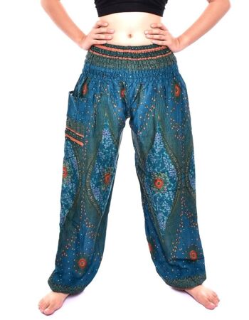 Bohotusk Teal Moonshine Print Pantalon sarouel pour femme à taille smockée élastiquée, Small / Medium (Taille 8 - 12) 4
