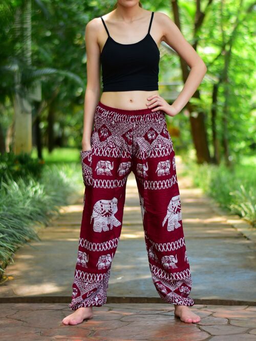 Bohotusk Red Elephant Bull Print Elasticated Smocked Waist Womens Harem Pants , Small / Medium (Size 8 - 12)