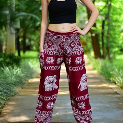 Bohotusk Red Elephant Bull Print Elasticated Smocked Waist Womens Harem Pants , Small / Medium (Size 8 - 12)