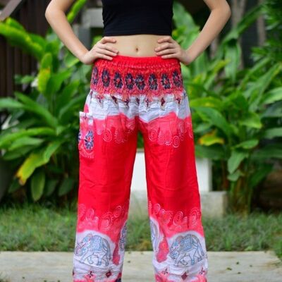 Bohotusk Red Elephant Boro Print Elasticated Smocked Waist Womens Harem Pants , One Size (20 - 42 inch Wait)