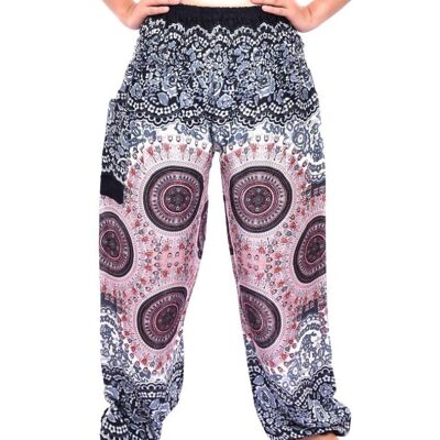 Bohotusk White Sun Glow Print Elasticated Smocked Waist Womens Harem Pants , One Size (20 - 42 inch Wait)