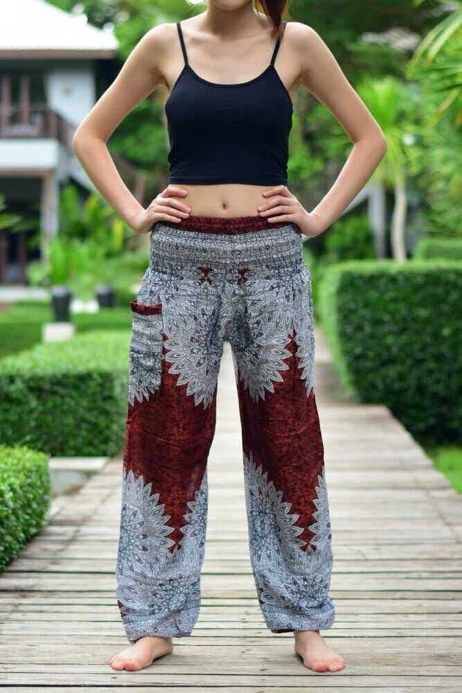 Bohotusk Brown Snowflake Print Elasticated Smocked Waist Womens Harem Pants , Large / X-Large (Size 14 - 18)