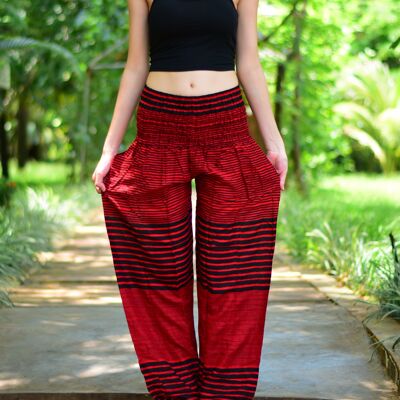 Bohotusk Red Patch Stripe Elástico Smocked Cintura Mujer Harem Pantalones, 2XL / 3XL (Talla 18 - 22)