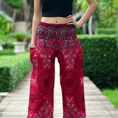 Bohotusk Red Ink Splash Print Pantalon sarouel pour femme à taille smockée élastiquée, Small / Medium (Taille 8 - 12)