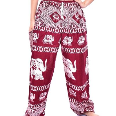 Bohotusk Red Elephant Bull Print Womens Harem Pantalones Cord Tie Waist, Small / Medium (Talla 8 - 12)