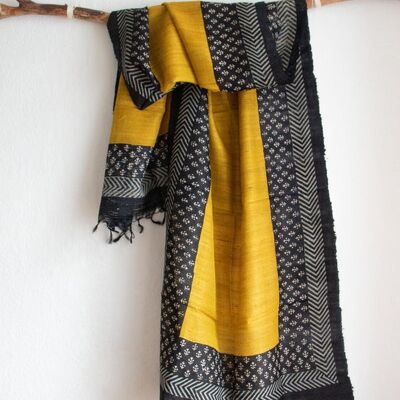 Handwoven long silk scarf made of peace silk / wild silk mustard yellow patterned - ethno