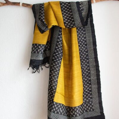 Longue écharpe en soie tissée à la main en soie de la paix / soie sauvage à motifs jaune moutarde - ethno