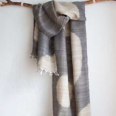 Handwoven long silk scarf made of Peace Silk / wild silk silver gray patterned - giant dots