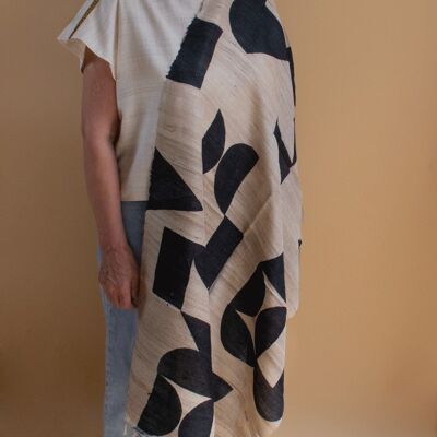 Handwoven long silk scarf made of Peace Silk / wild silk black and white patterned - Abstract