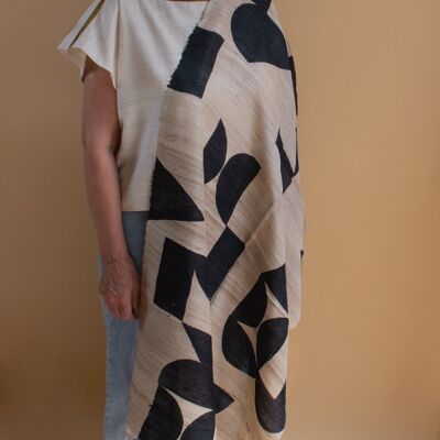Handwoven long silk scarf made of Peace Silk / wild silk black and white patterned - Abstract