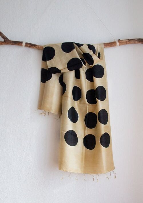 Handgewebter schmaler Schal aus Peace Silk / Eri Seide Schwarze Punkte - Dots