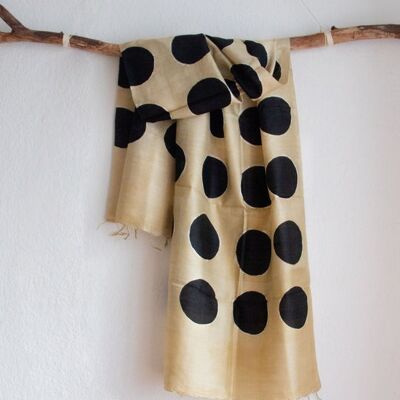 Handwoven narrow scarf made of Peace Silk / Eri Silk Black Dots - Dots