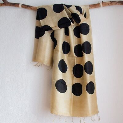 Handwoven narrow scarf made of Peace Silk / Eri Silk Black Dots - Dots