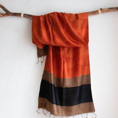 Handwoven Scarf from Peace Silk / Eri Silk Dark Blue Orange Red - Ginkgo