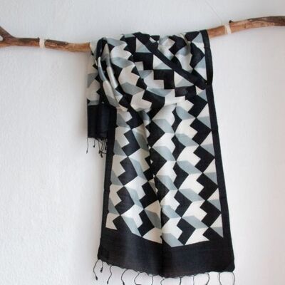 Handwoven Scarf from Peace Silk / Eri Silk Gray Black Graphic Patterned - Architecture