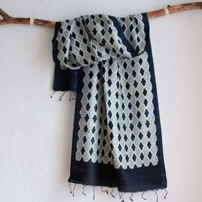 Handgewebter schmaler Schal aus Peace Silk / Eri Seide Blau - Welle
