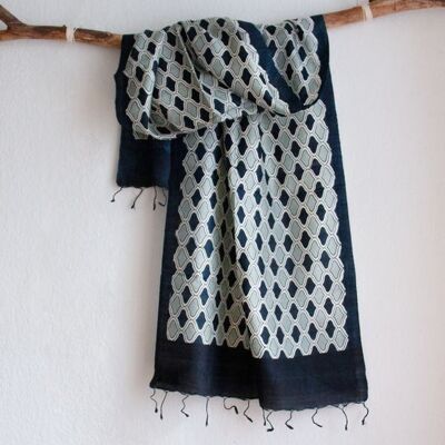 Handwoven narrow scarf made of Peace Silk / Eri Silk Blue - Wave