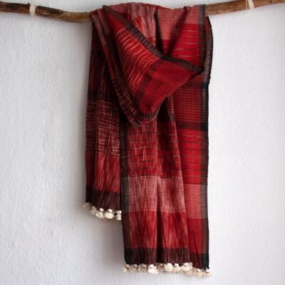 Long hand-woven summer scarf made from organic cotton with bobbles - red stripes