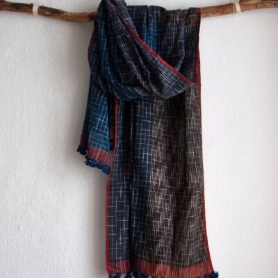 Long, hand-woven summer scarf made from organic cotton with bobbles - blue-brown