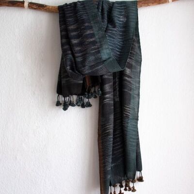 Long hand-woven summer scarf made from organic cotton with bobbles - green water