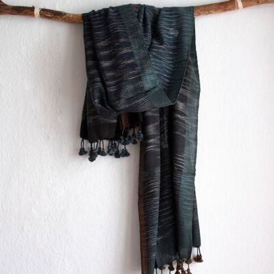 Long hand-woven summer scarf made from organic cotton with bobbles - green water