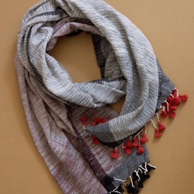 Long hand-woven summer scarf made from organic cotton with bobbles - sea grey