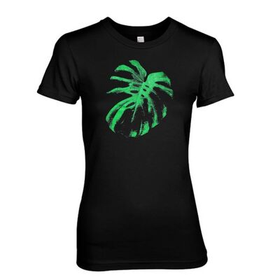 Cheeseplant, fogliame e pianta della giungla tropicale. Design della maglietta del pianeta verde. - Nero (donne)