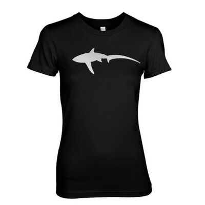 Metal Thresher Shark camiseta estilizada con lámina de metal inspirada en el tiburón Thresher - Negro (damas)