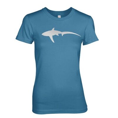Camiseta inspirada en el equipo de buceo con diseño de tiburón zorro metálico estilizada - índigo (damas)