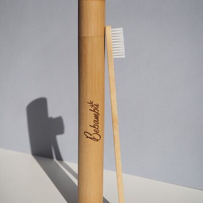 Bamboo toothbrush with cover. White color.