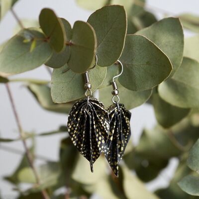 Boucles d'oreilles origami - Petites feuilles noires et dorées